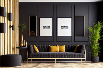 Interior design of modern living room with dark gray sofa and wall, copy space frames - generative ai