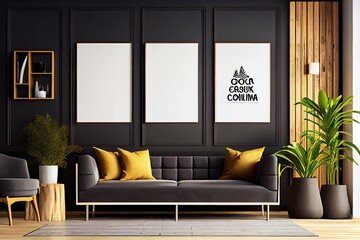 Interior design of modern living room with dark gray sofa and wall, copy space frames - generative ai