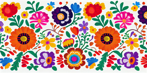 Fototapeta na wymiar Colorful Mexican floral pattern on a white background, generative AI