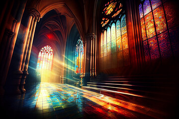 Magnificent cathedral interior with light filtering through the stained glass, generative AI