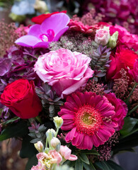 Mixed bouquet of flowers for Valentine's Day, photographed in a flower shop in London UK.