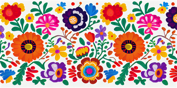 Colorful Mexican floral pattern on a white background, generative AI © FrankBoston