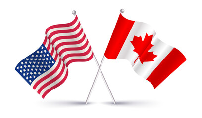 Vector American flag and Canadian flag. Vintage flag of USA and flag of Canada.
