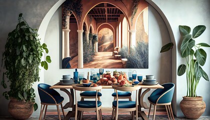 Bright Mediterranean interior design of dining room - generative ai
