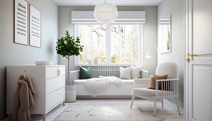 Fototapeta na wymiar Children's room, white and soft gray colors, plants, bed and sofa, modern minimalism Scandinavian - generative ai