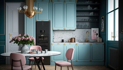 Modern kitchen featuring light blue flat front cabinets paired with white quartz countertops, dining table and furniture - generative ai
