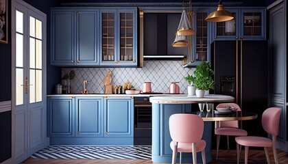 Modern kitchen featuring light blue flat front cabinets paired with white quartz countertops, dining table and furniture - generative ai - obrazy, fototapety, plakaty