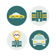 A set of Vector illustrations of the taxi service. Taxi car, taxi service, taxi company.