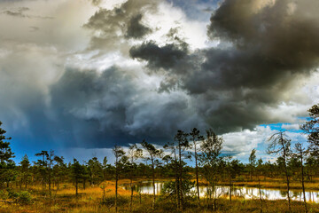 Nature before the storm. Warm summer day. The beauty of nature. Landscape of a national park before a thunderstorm. Heavy dark beautiful blue clouds, blue lake and green grass and trees.