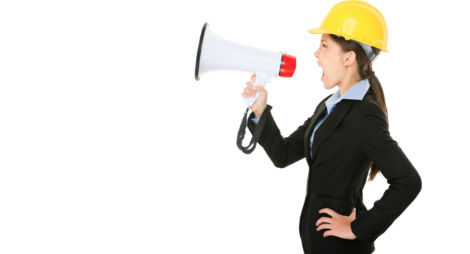 Businesswoman shouting into megaphone isolated on white background, PNG file.
