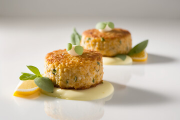 Delectable Crab Cakes Food Photography on a table