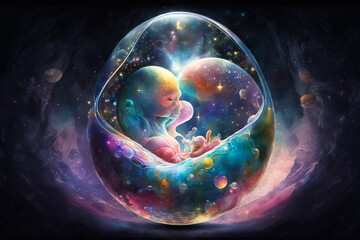 Obraz na płótnie Canvas Cute child embryo in the cosmic bomb. Generative AI
