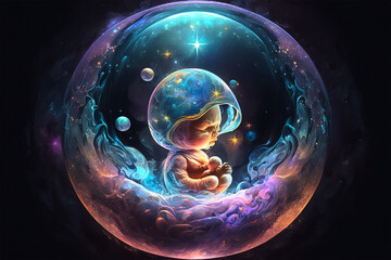 Cute child embryo in the cosmic bomb. Generative AI