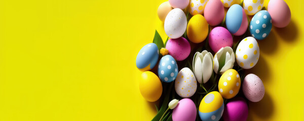 An assortment of colorful Easter eggs and tulips on a yellow background. Generative AI