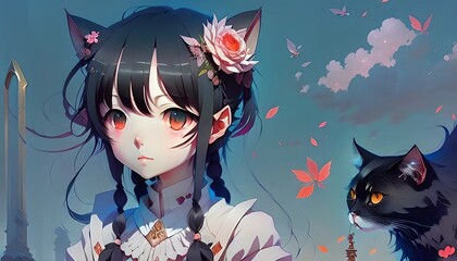 Anime cat girl with dark hair with cat, fairy magical fantasy world, generative ai.