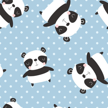 Cute panda bear blue background polka dot texture baby girl and boy seamless pattern for fabric and textile print, wrapping paper bright vector design