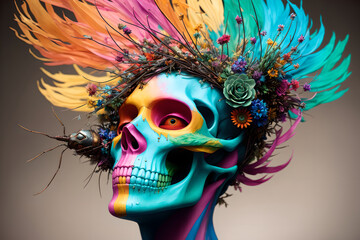 Obraz na płótnie Canvas Dark fantasy design, painted human skull and lush bunch of flowers on colorful background, AI generated