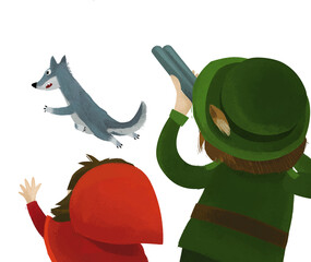 cartoon scene with hunter forester hunting wolf in the forest with little girl illustration for children