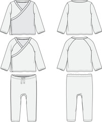 Infant Baby Toddler Long-sleeve Kimono Top and Leggings Mockup Sketch Template Technical CAD Illustration