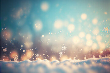 Winter snow background with snowdrifts, with beautiful light and snow flakes on the blue sky, beautiful bokeh circles ia generate