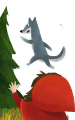 cartoon scene with wolf and little girl in red hood illustration for children
