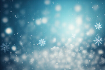 Fototapeta premium Winter snow background with snowdrifts, with beautiful light and snow flakes on the blue sky, beautiful bokeh circles ia generate