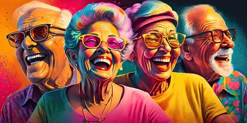 burst of vibrant aged people capturing freedom and flexibility that solid pension plan can bring allowing individuals to live life, concept of Peace of Mind, created with Generative AI technology - obrazy, fototapety, plakaty