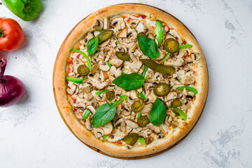 Pizza with chicken and mushrooms with jalapeno top view