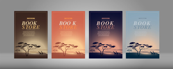 Desert, savannah sunset and dawn. Sand gradient color. Book cover design, flyer, flyer. Abstract landscapes: desert, hills, giraffe