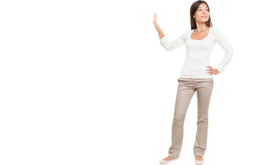 Full length of young woman with hand on hip making stop gesture talk to the hand isolated over white background.
Isolated cut out in transparent PNG file