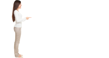 Full length side view of young woman pointing at copyspace isolated over white background
Isolated cut out in transparent PNG file