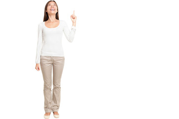 Full length of young woman pointing up at copyspace isolated over white background
Isolated cut out in transparent PNG file - obrazy, fototapety, plakaty