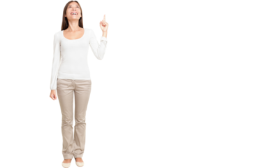Full length of young woman pointing up at copyspace isolated over white background
Isolated cut out in transparent PNG file