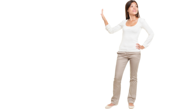Full length of young woman with hand on hip making stop gesture talk to the hand isolated over white background.
Isolated cut out in transparent PNG file