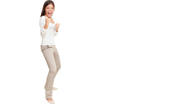 Full length portrait of energetic young woman clenching fists standing isolated over white background.. Isolated cut out in transparent PNG file