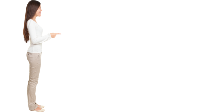Full length side view of young woman pointing at copyspace isolated over white background
Isolated cut out in transparent PNG file