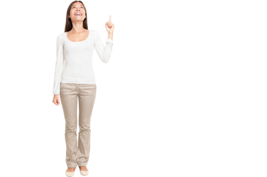Full length of young woman pointing up at copyspace isolated over white background
Isolated cut out in transparent PNG file