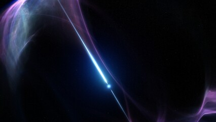Concept of spinning pulsar in space nebula emitting high energy gamma ray bursts. 3D illustration track-in shot depicting blinking radiation flares of a magnetar or neutron star core in interstellar g