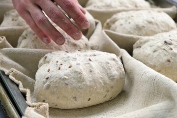 baker at work. The baker shapes the bread. Hands on the close-up foruyut bread