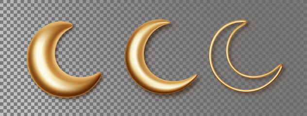 Crescent moons 3d golden decorative vector elements isolated on transparent background. Islamic symbol crescent moon set.