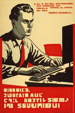 Soviet propaganda poster with an office worker at computer, concept of Computer Literacy and Socialist Realism, created with Generative AI technology