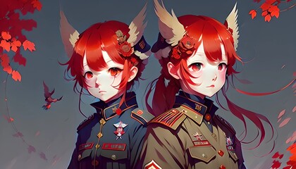 Anime girl with red hair in uniform fairy magical fantasy world, generative ai.