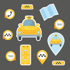 A set of Vector illustrations of the taxi service. Taxi car, taxi service, taxi related signs