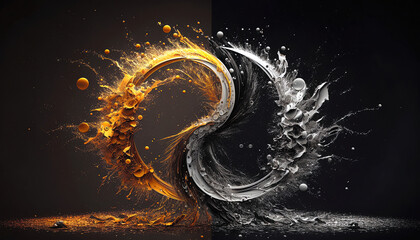ying and yang wallpaper, abstract gold and silver paint explosion. Mixed color.  Dark background.  - obrazy, fototapety, plakaty