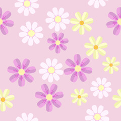 Multicolored Flowers On Pink Background. Seamless Patterns Background. Vector Illustration. Tablecloth, Picnic mat wrapper.