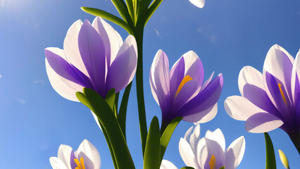 Naklejka premium closeup of blooming violet snow crocuses flower with blue sky as background, generative AI