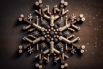 Sign snowflake made up of screws nuts on a dark wooden table, concept of Hardware Art and Deconstructed, created with Generative AI technology - obrazy, fototapety, plakaty