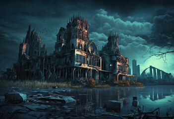 Fototapeta premium AI-Generated Render of a Desolate, Artificial Nuclear Fallout: The Tragic Ruins of Devastation and Decay