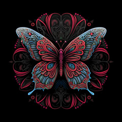 Colorful butterfly mandala art on a black background.  Created with Generative AI technology.