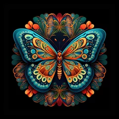 Crédence de cuisine en verre imprimé Mandala Colorful butterfly mandala art on a black background.  Created with Generative AI technology.